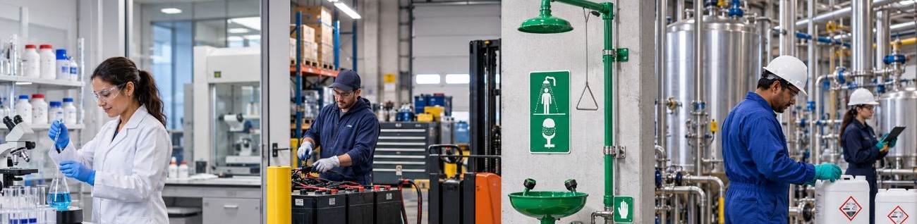 alt="Industries with emergency eyewash stations and safety showers, including laboratories, battery maintenance and chemical processing"