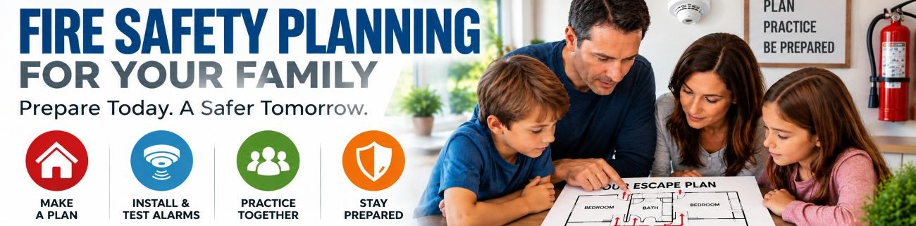 Family reviewing a home fire safety and emergency escape plan Family reviewing a home fire safety and emergency escape plan