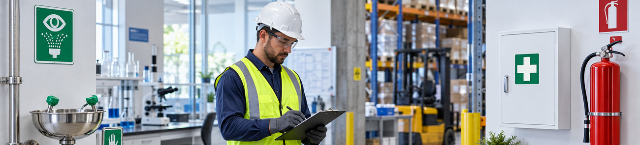 Workplace safety resources covering eyewash equipment, PPE, first aid and fire safety
