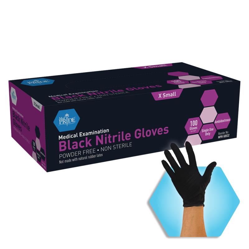 MedPride Powder-Free Medical Grade Black Nitrile Glove, Large Size, Case of 1000