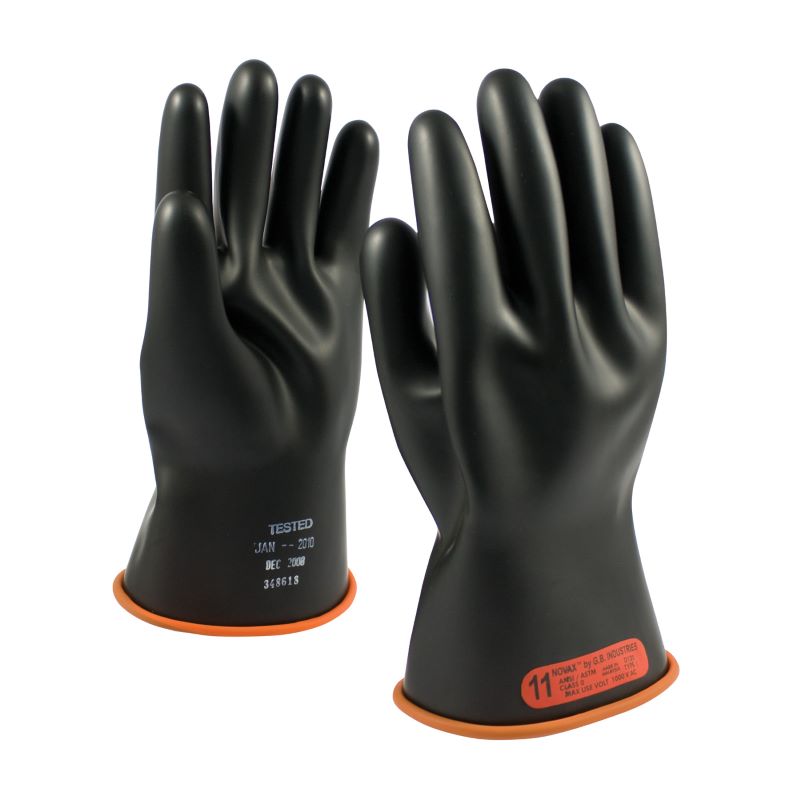 PIP NOVAX 155-0-11 Class 0 Rubber Insulating Glove with Straight Cuff - 11", Black w/ Orange Inner, 1 Pair